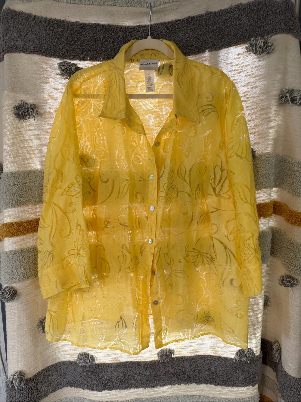 Alfred Dunner Sheer Yellow Floral Button-Down Blouse - 2X